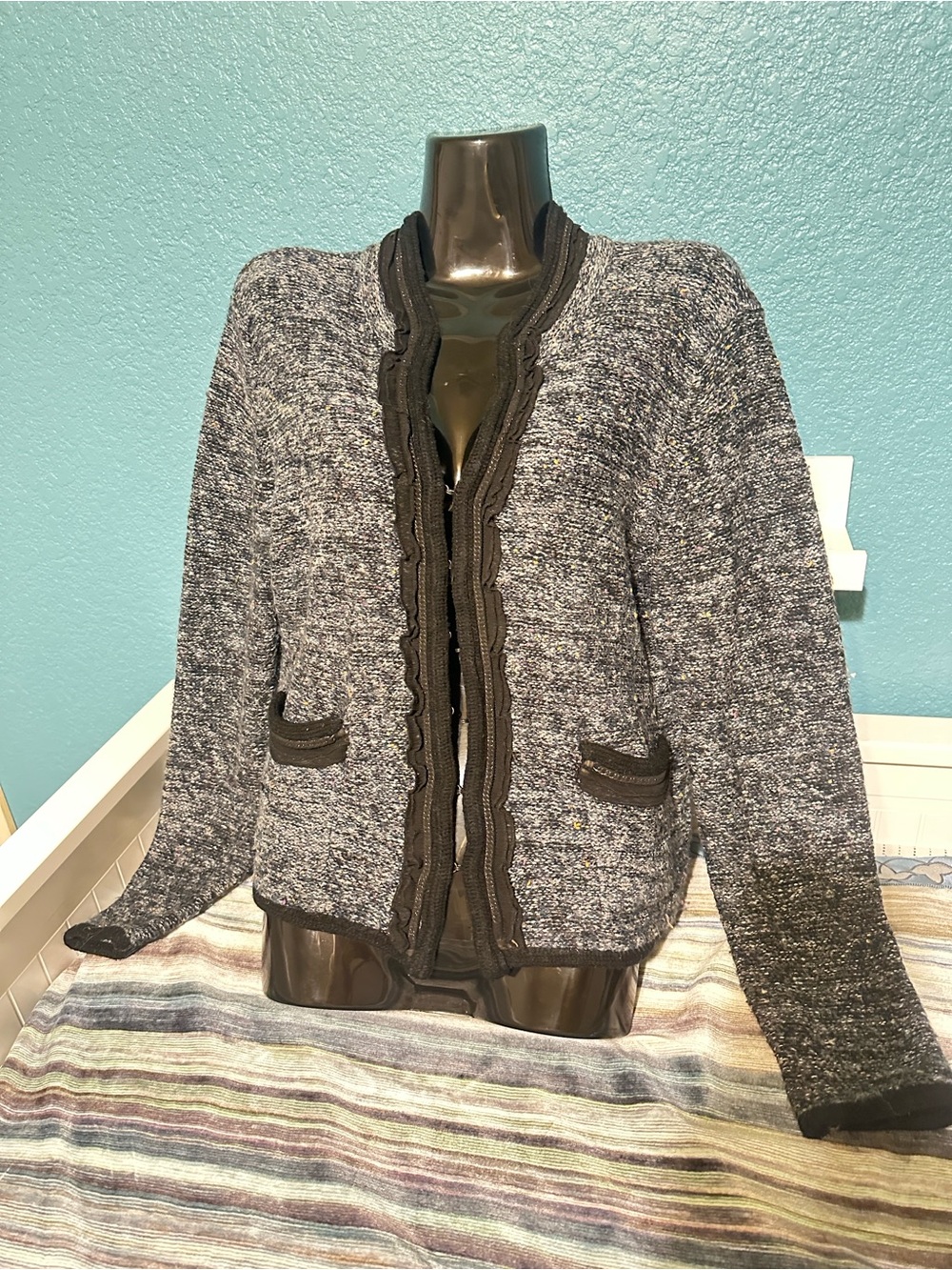 Covington Gray Knit Open-Front Blazer with Dark Trim
